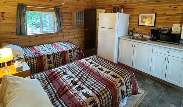 Comfortable cabin accommodations at Grassy Narrows Lodge on Lake of the Woods near Morson, Ontario.