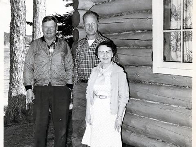 Original Dining Hall at Grassy Narrows Lodge Historic photo of guests outside the original dining hall at Grassy Narrows Lodge in the early years.