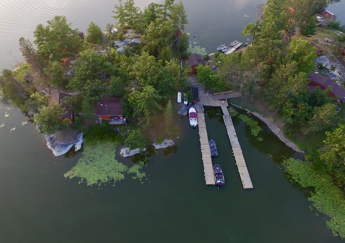 Grassy Narrows Lodge Aerial View Aerial view of Grassy Narrows Lodge, a boat-in fishing lodge on Lake of the Woods near Morson, Ontario.