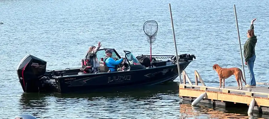 Fishing boat at the dock at Grassy Narrows Lodge on Lake of the Woods