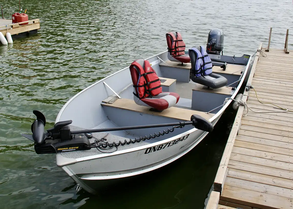 Grassy Narrows Lodge fishing boat docked on Lake of the Woods