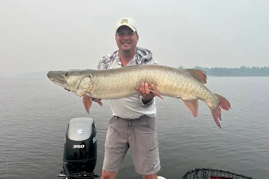 Angler holding a muskie caught while fishing Lake of the Woods